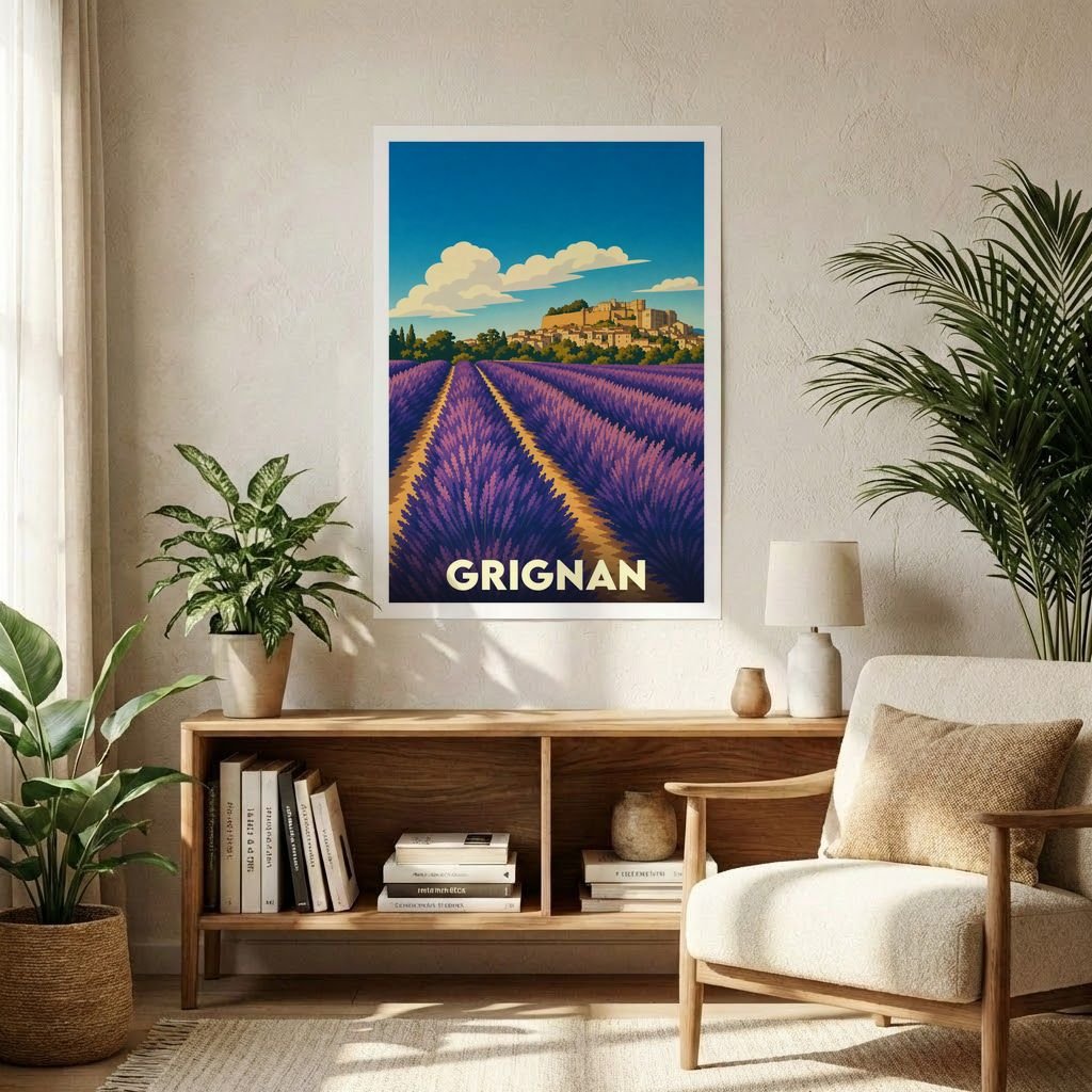 Affiche souvenir de la ville de Grignan représentant un champ de lavande au pied du château dans un style vintage.