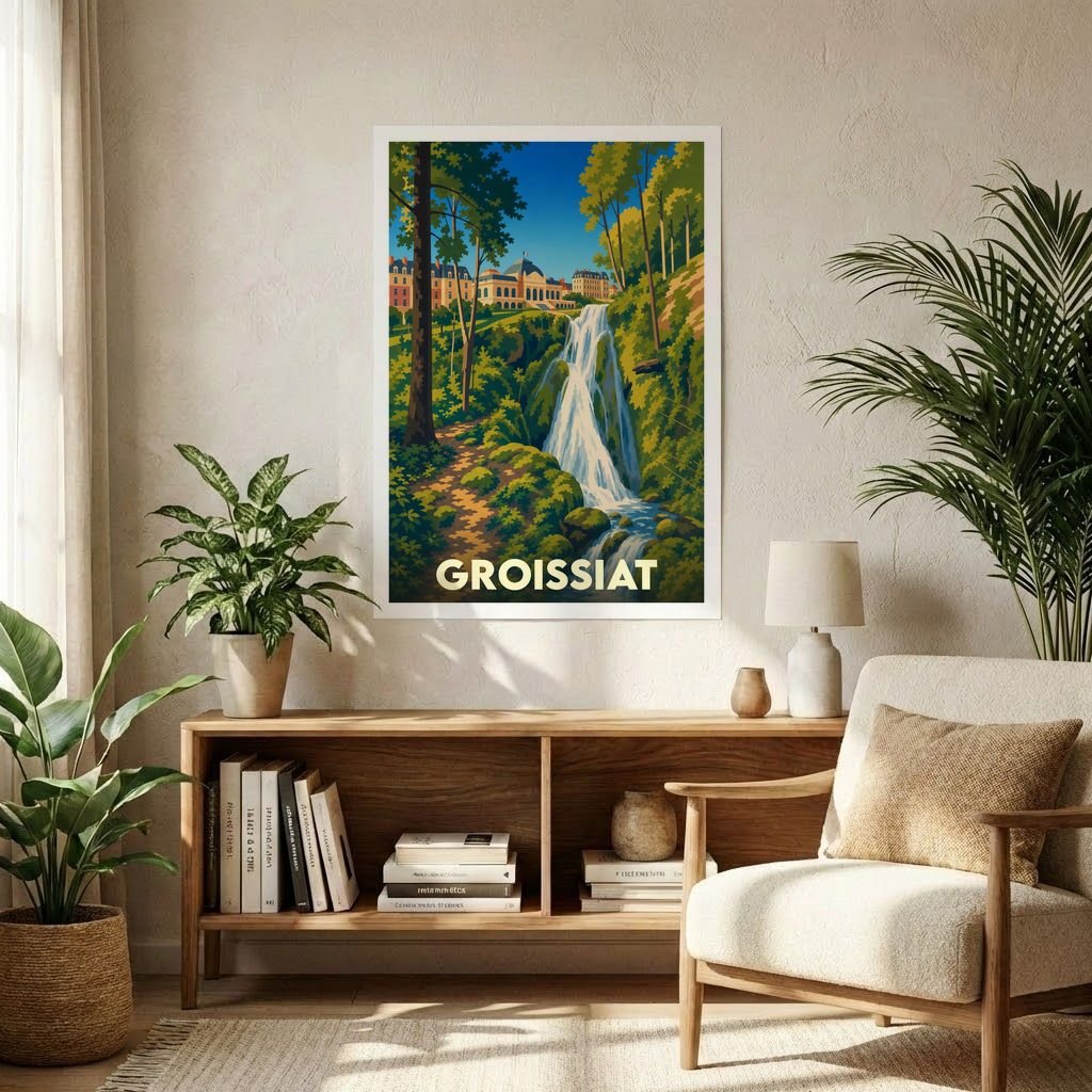 Affiche souvenir de la ville de Groissiat représentant une cascade et un paysage verdoyant dans un style illustré.