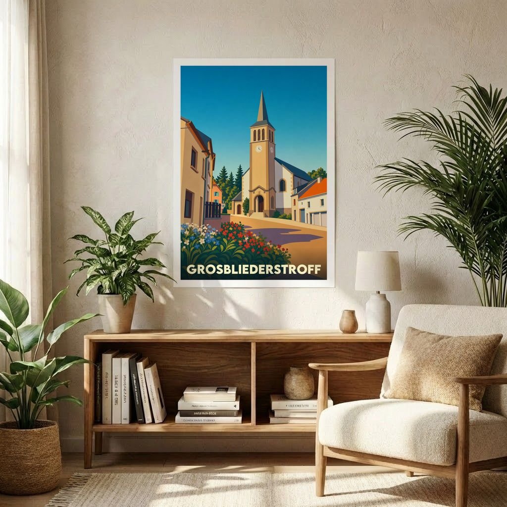 Affiche souvenir de la ville de Grosbliederstroff avec une illustration stylisée et colorée de son église.