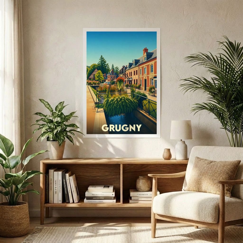 Affiche souvenir de la ville de Grugny avec une illustration stylisée et colorée de ses rues fleuries.