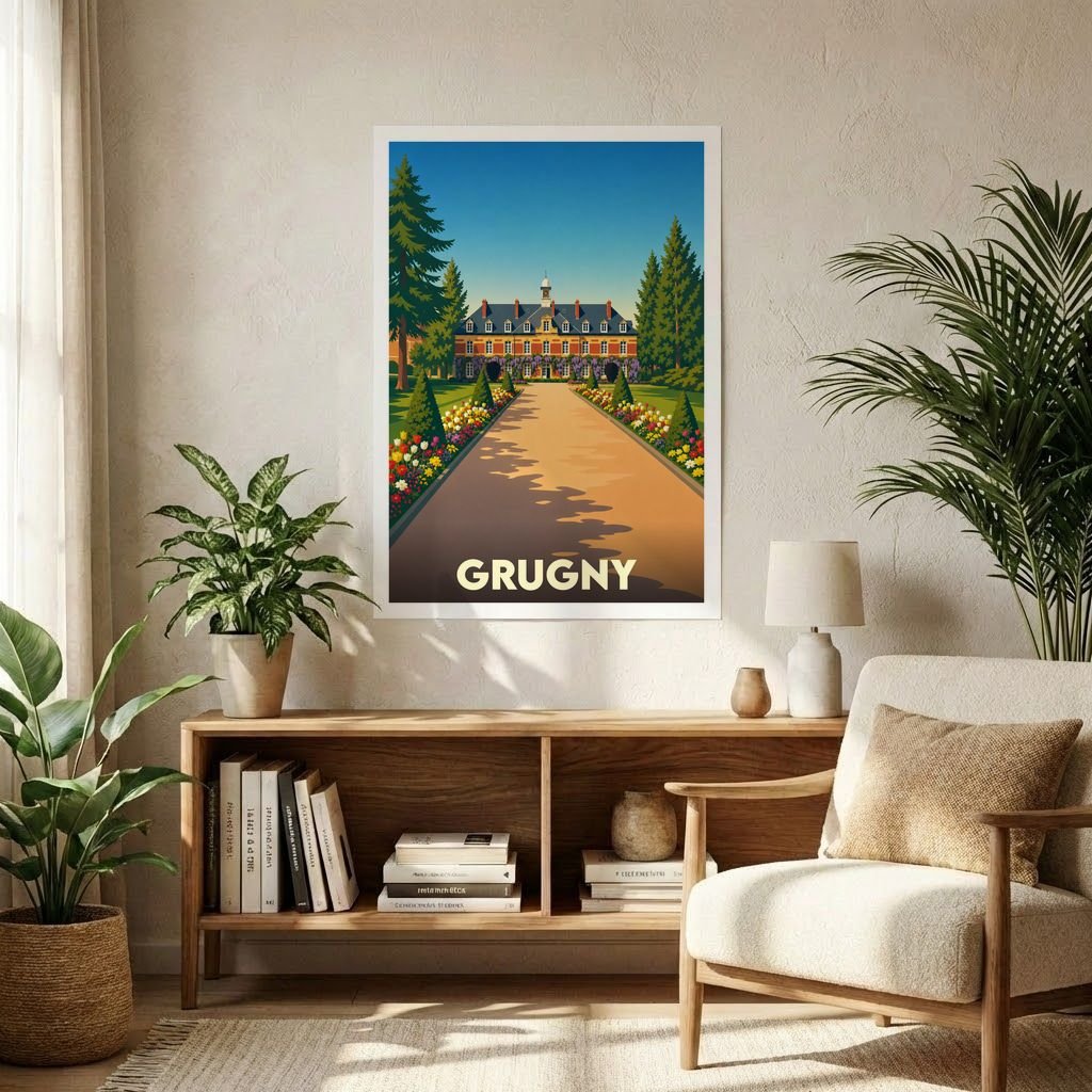 Affiche souvenir de la ville de Grugny avec une illustration stylisée représentant un château et ses jardins.