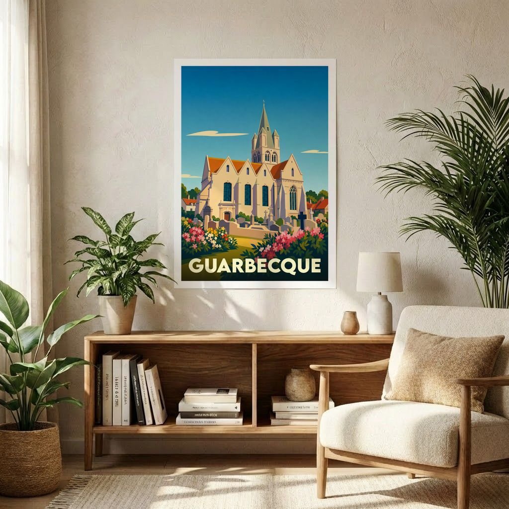 Affiche souvenir de la ville de Guarbecque avec une illustration stylisée de son église et de ses jardins.