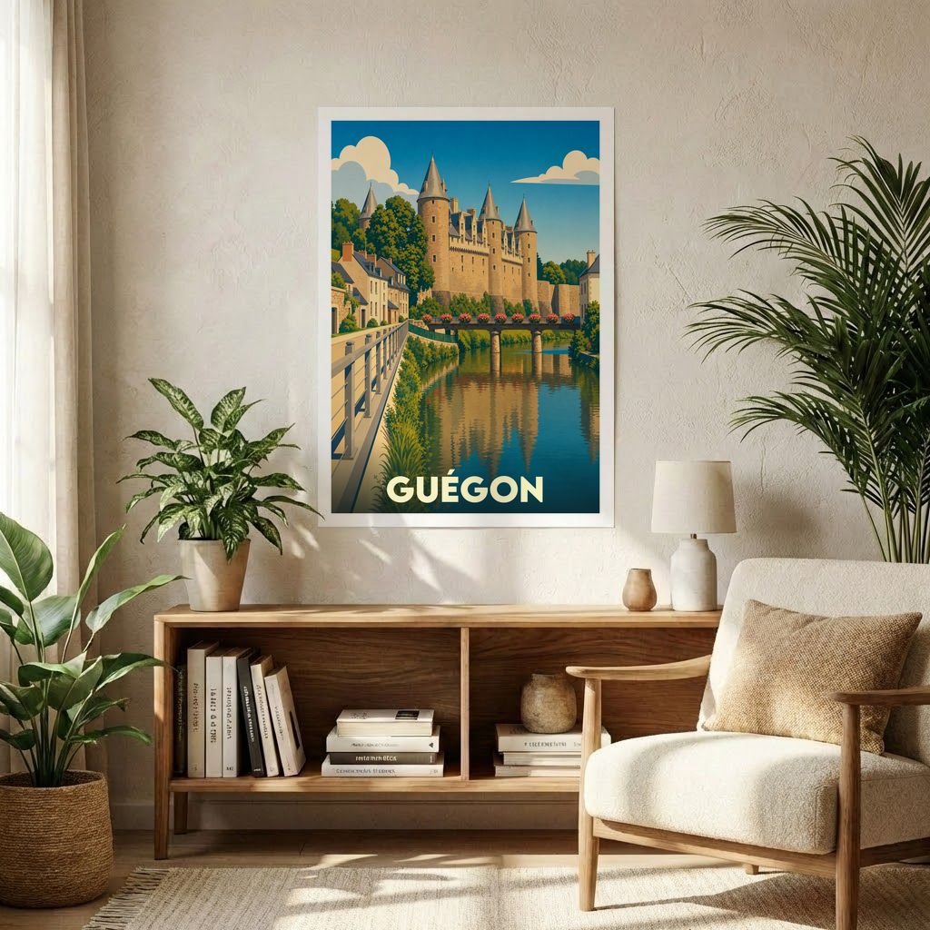Affiche souvenir de la ville de Guégon illustrant son château et sa rivière dans un style vintage.