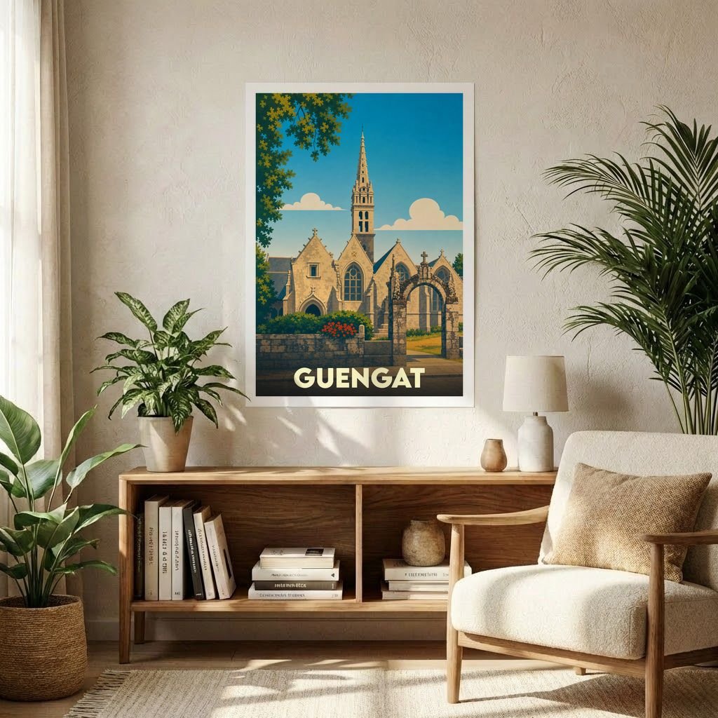 Affiche souvenir de la ville de Guengat avec une illustration stylisée de son église.