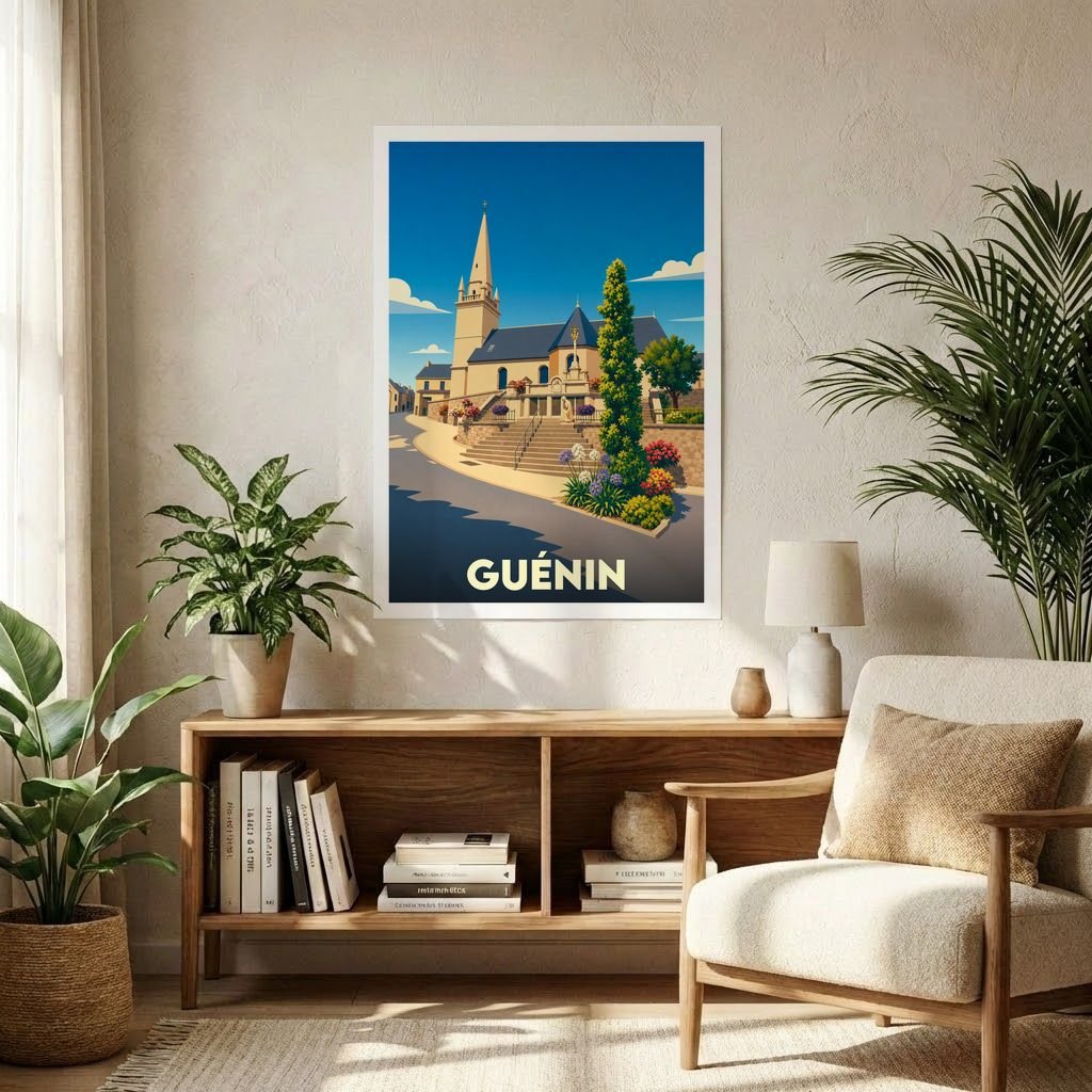 Affiche souvenir de la ville de Guénin présentant une illustration stylisée de son église sous un ciel bleu.