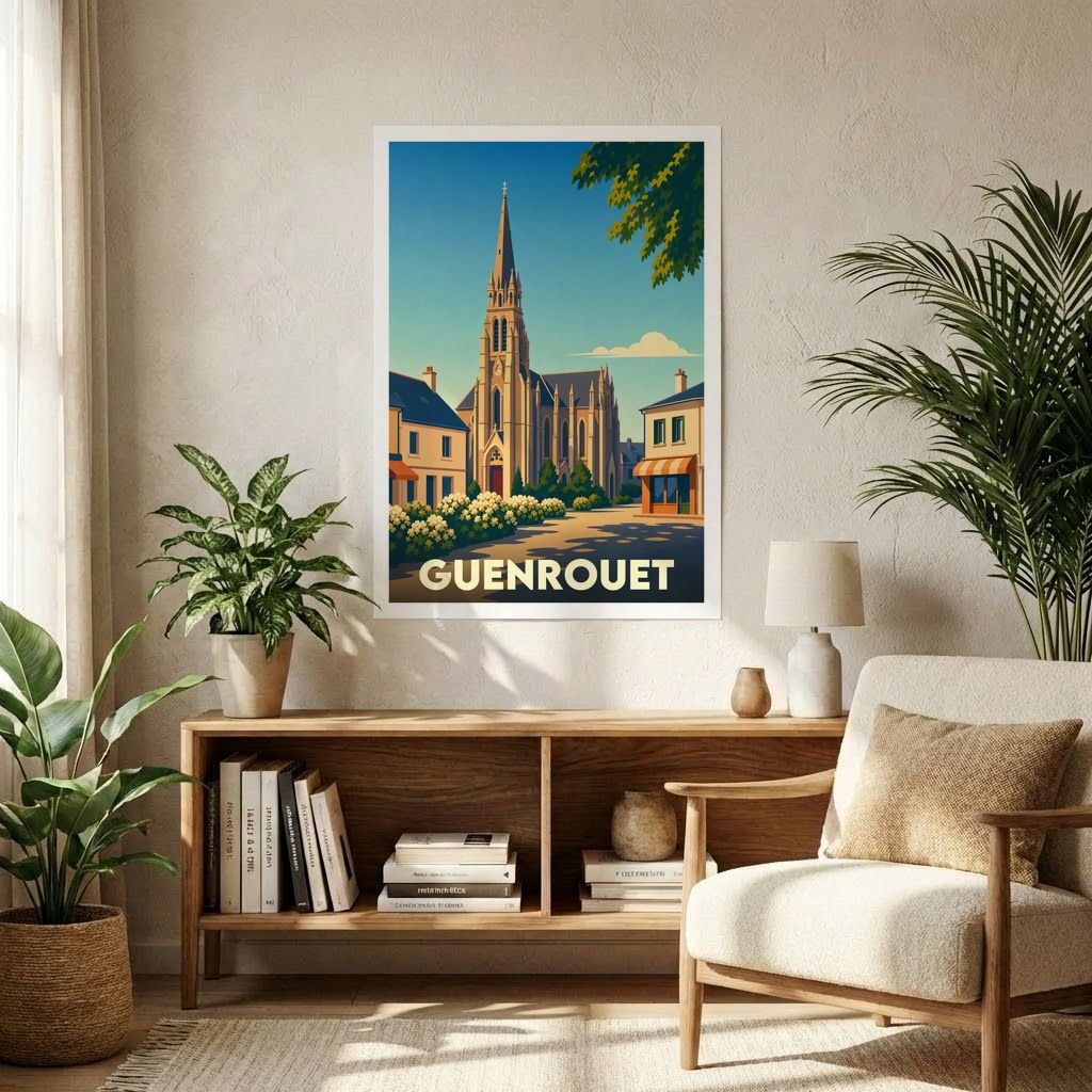 Affiche souvenir de la ville de Guenrouet avec une illustration stylisée de son église et de ses rues.
