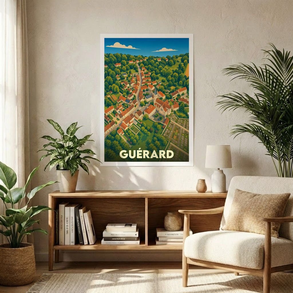 Affiche souvenir de la ville de Guérard avec une illustration stylisée vue du ciel.