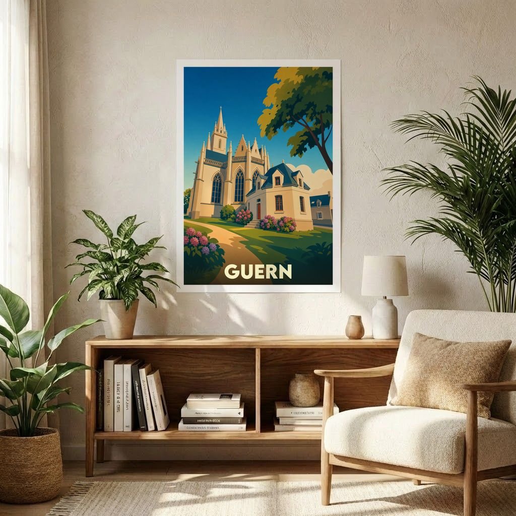 Affiche souvenir de la ville de Guern avec une illustration stylisée d'une église et de paysages bretons.