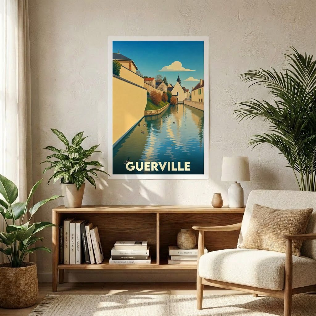 Affiche souvenir de la ville de Guerville avec une illustration stylisée d'un canal et de son église.