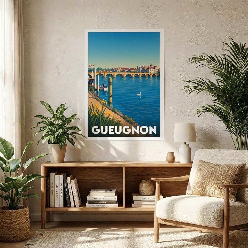 Affiche souvenir de la ville de Gueugnon avec une illustration stylisée représentant un pont sur la rivière.
