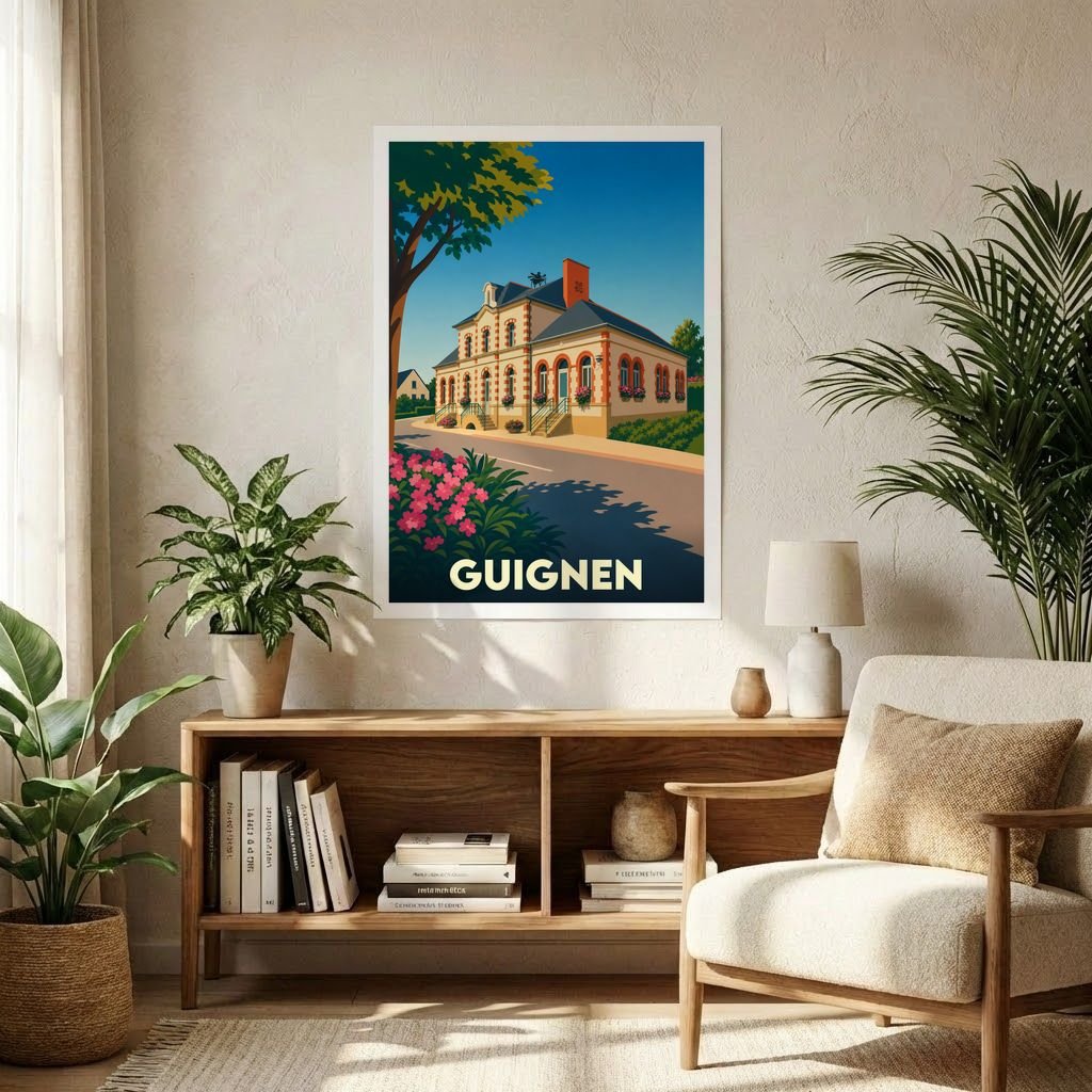 Affiche souvenir de la ville de Guignen présentant une illustration stylisée et colorée de l'architecture locale.