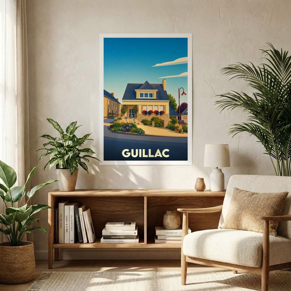 Affiche souvenir de la ville de Guillac avec une illustration stylisée d'une maison fleurie sous un ciel bleu.