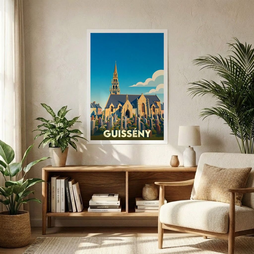 Affiche souvenir de la ville de Guissény représentant son église et son cimetière dans un style illustré coloré.