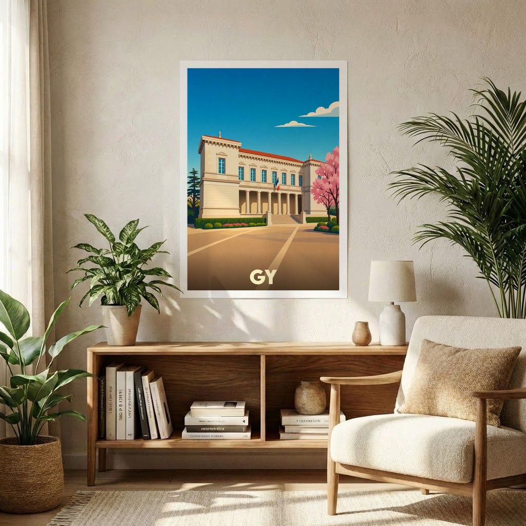 Affiche souvenir de la ville de Gy avec une illustration stylisée de son hôtel de ville.