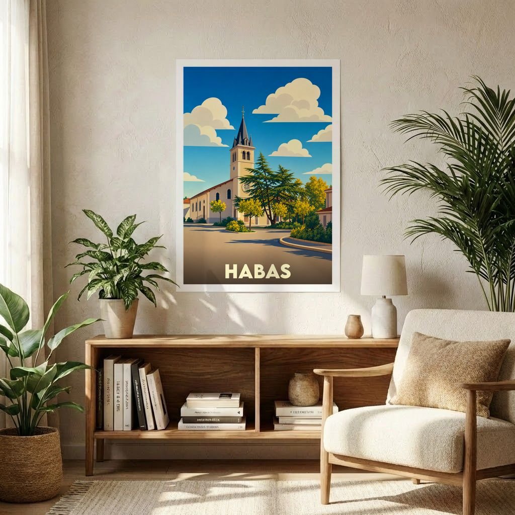 Affiche souvenir de la ville de Habas représentant son église sous un ciel azuré avec une illustration stylisée.