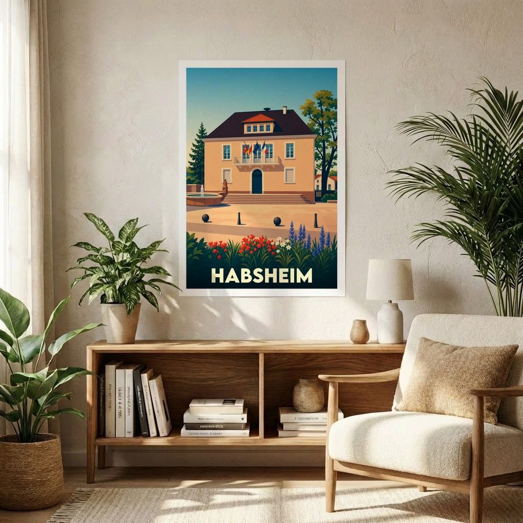 Affiche souvenir de la ville de Habsheim avec une illustration stylisée de son hôtel de ville.