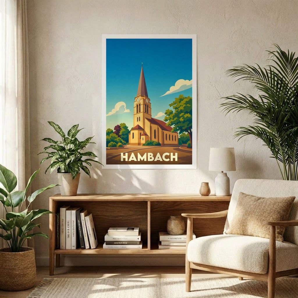 Affiche souvenir de la ville de Hambach avec une illustration stylisée d'une église sous un ciel bleu.