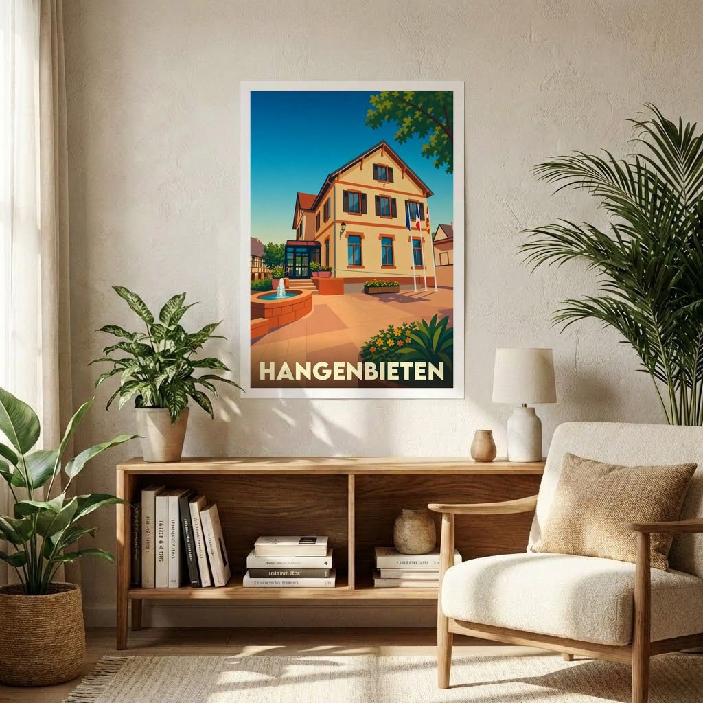 Affiche souvenir de la ville de Hangenbieten avec une illustration stylisée d'un bâtiment emblématique.