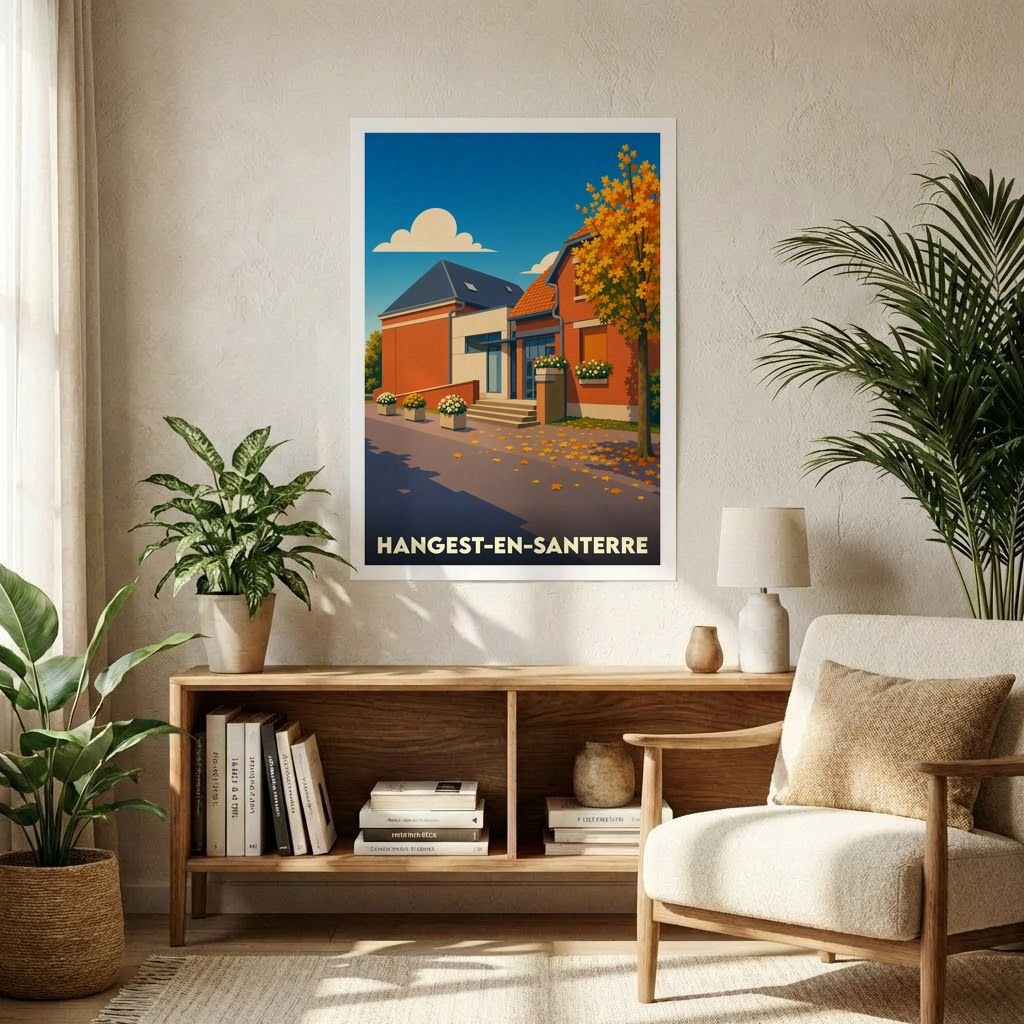Affiche souvenir de la ville de Hangest-en-Santerre avec une illustration stylisée d'une rue en automne.