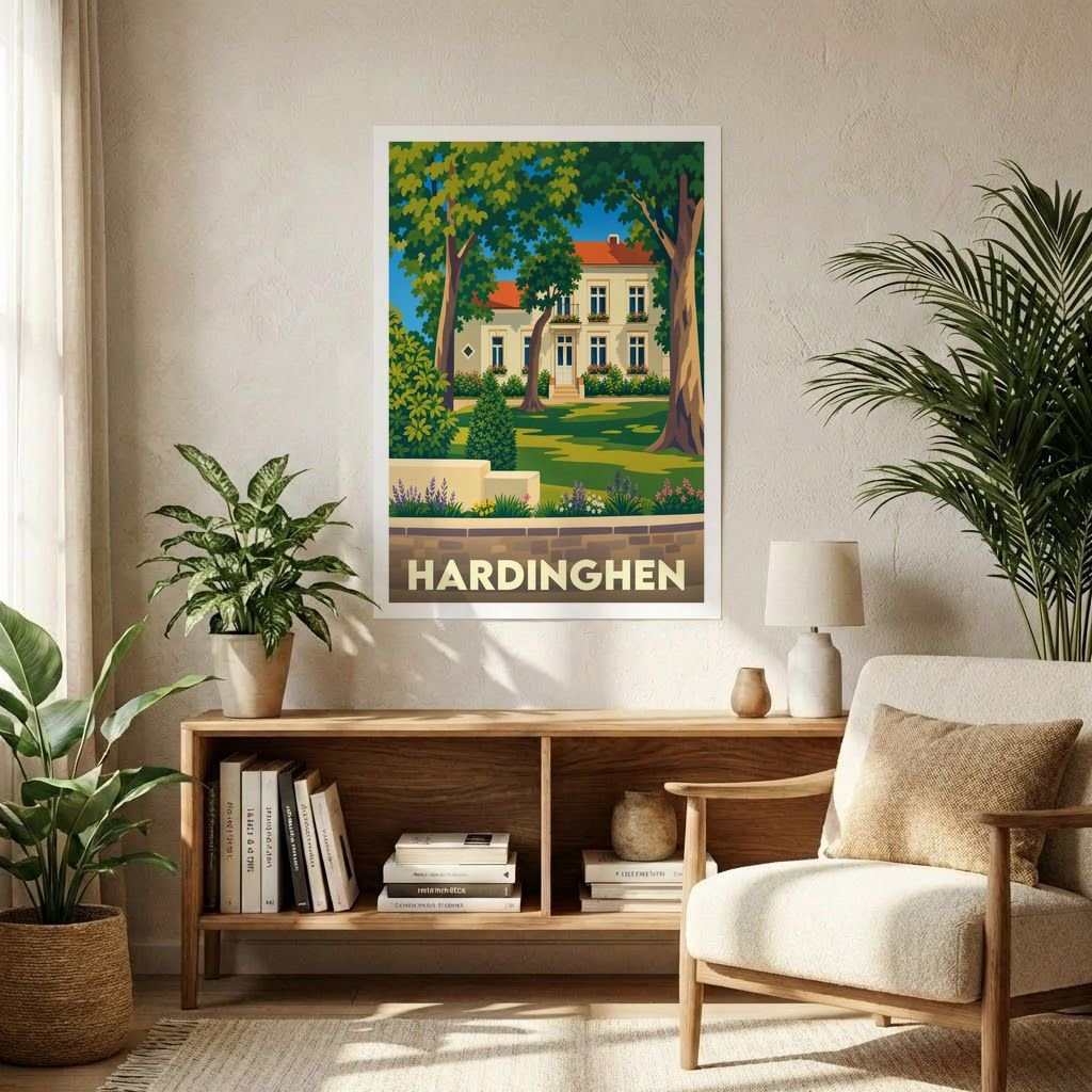 Affiche souvenir de la ville de Hardinghen avec une illustration stylisée d'une demeure entourée d'un jardin arboré.