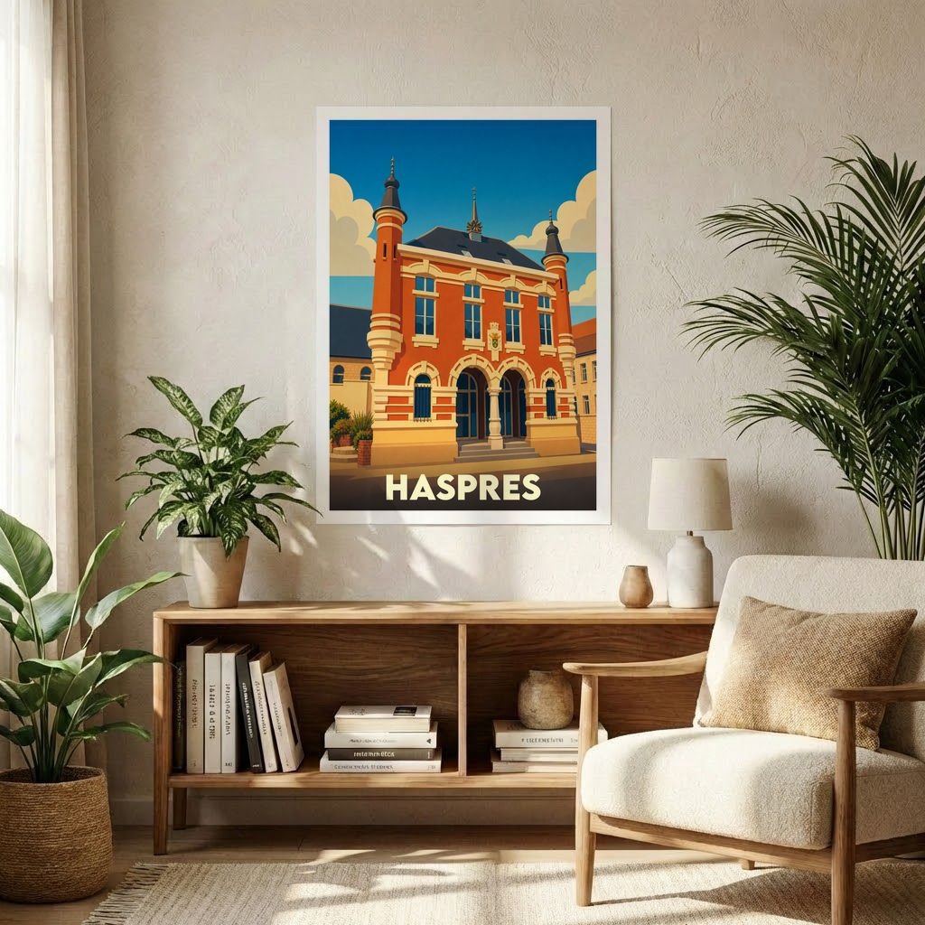 Affiche souvenir de la ville de Haspres avec une illustration stylisée de son hôtel de ville.