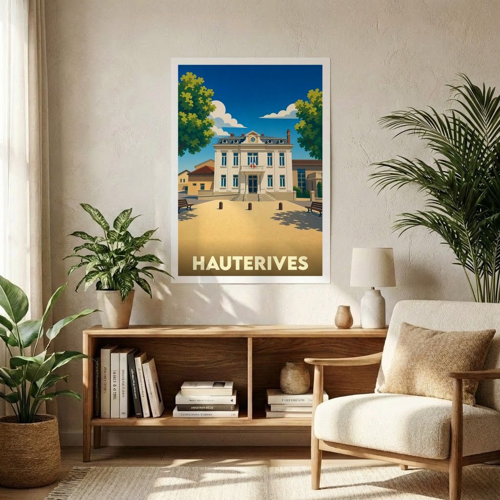 Affiche souvenir de la ville de Hauterives avec une illustration stylisée de sa mairie.