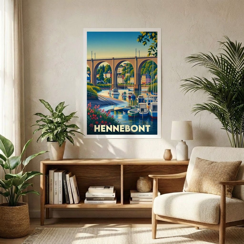 Affiche souvenir de la ville de Hennebont avec une illustration stylisée d'un viaduc et d'un port.