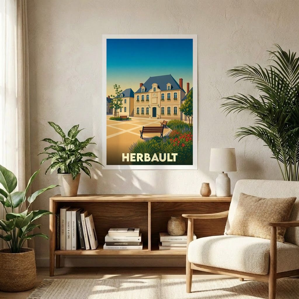 Affiche souvenir de la ville d'Herbault avec une illustration stylisée de sa place principale.