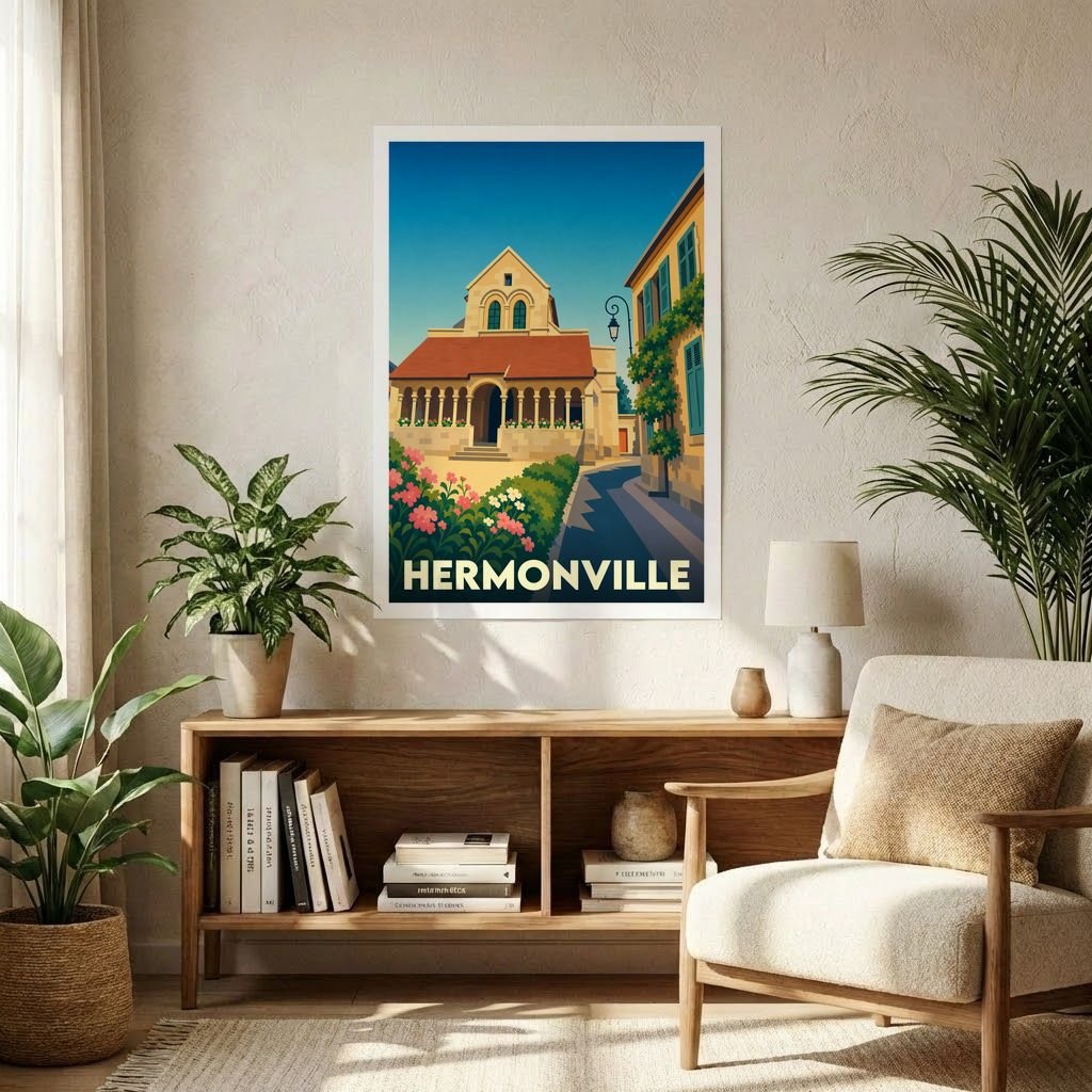 Affiche souvenir de la ville de Hermonville représentant une illustration stylisée de son architecture locale.