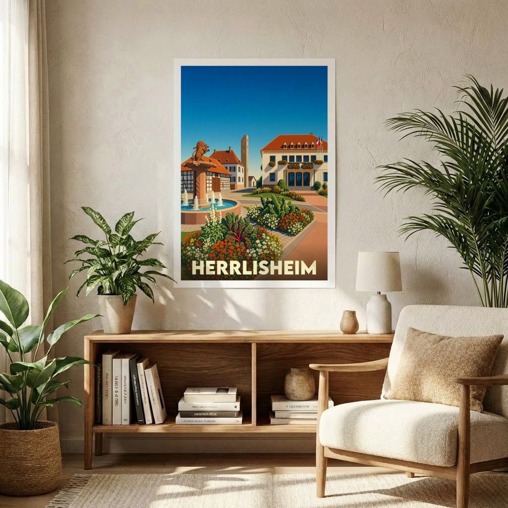 Affiche souvenir de la ville de Herrlisheim avec une illustration stylisée et colorée de son centre historique.