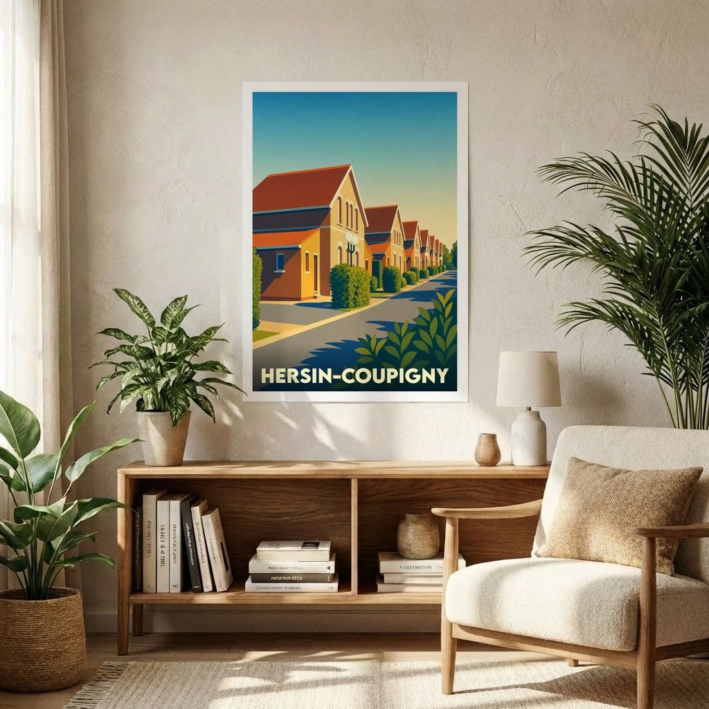 Affiche souvenir de la ville de Hersin-Coupigny avec une illustration stylisée de ses maisons traditionnelles.