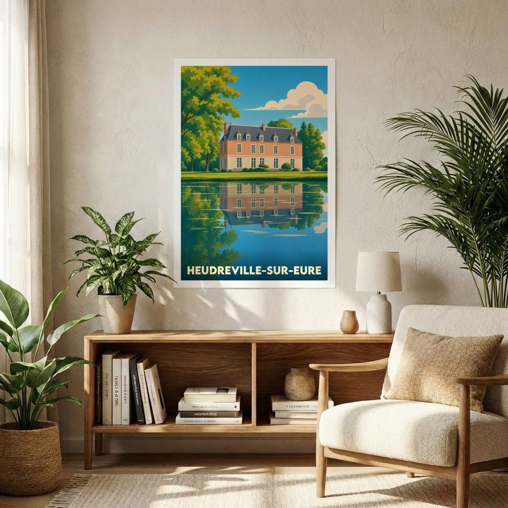 Affiche souvenir de la ville de Heudreville-sur-Eure avec une illustration stylisée d'un château se reflétant dans l'eau.