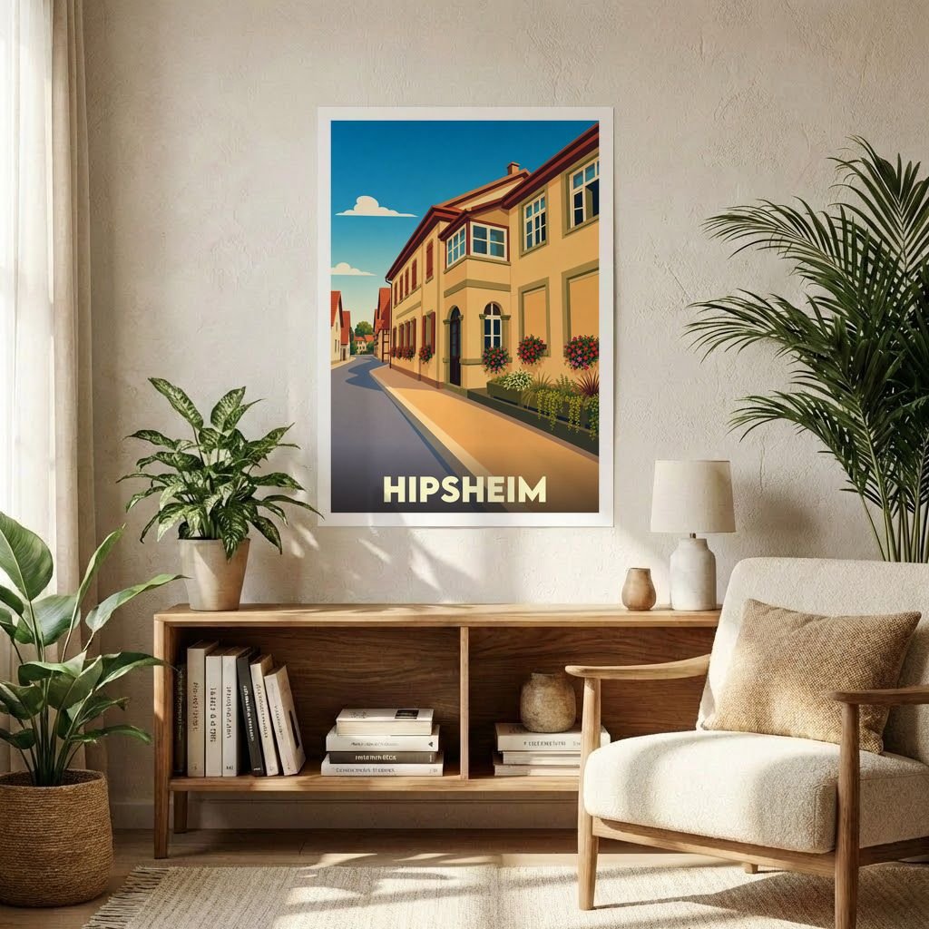 Affiche souvenir de la ville de Hipsheim présentant une illustration stylisée et colorée de ses rues pittoresques.