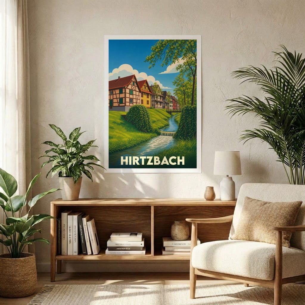 Affiche souvenir de la ville de Hirtzbach avec une illustration stylisée de ses maisons à colombages et de son cours d'eau.