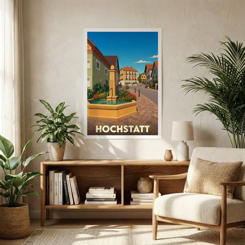 Affiche souvenir de la ville de Hochstatt avec une illustration stylisée d'une place ensoleillée et de sa fontaine.