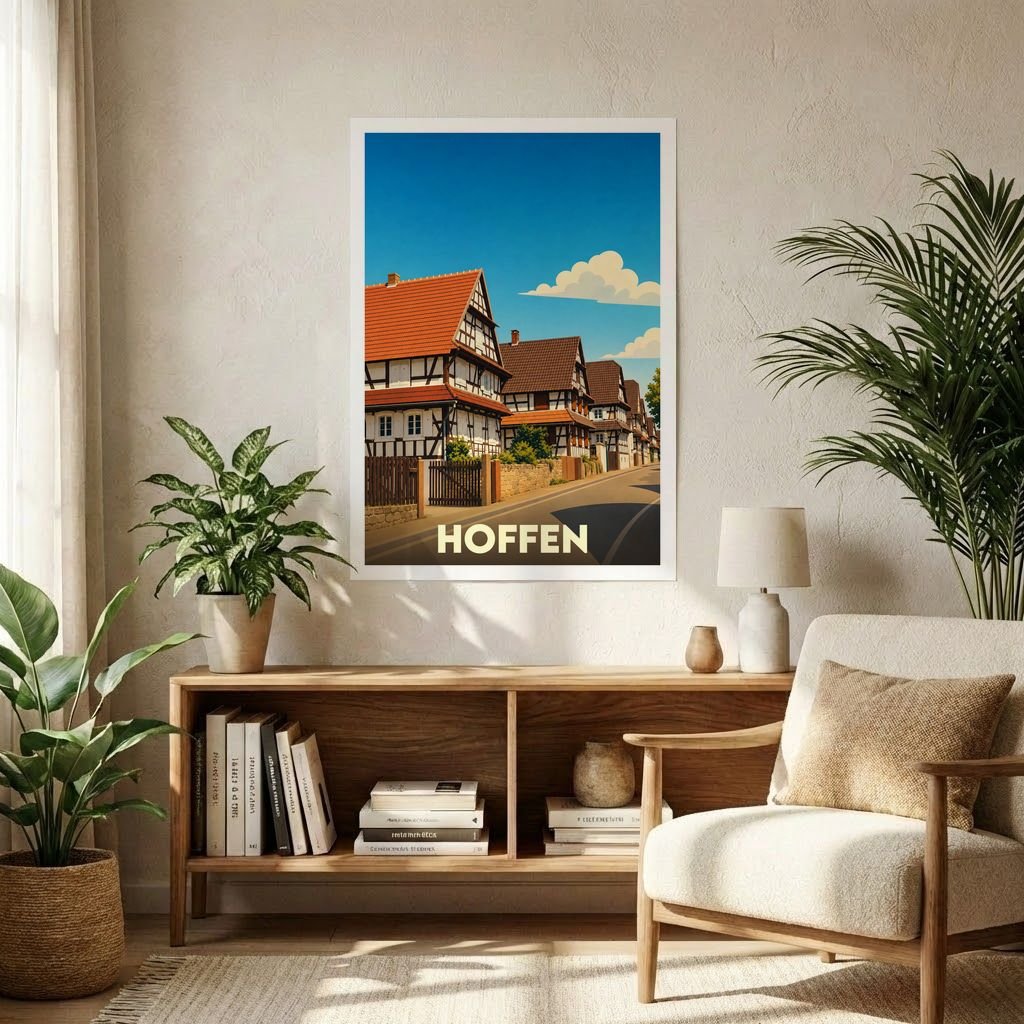 Affiche souvenir de la ville de Hoffen avec une illustration stylisée de maisons à colombages.