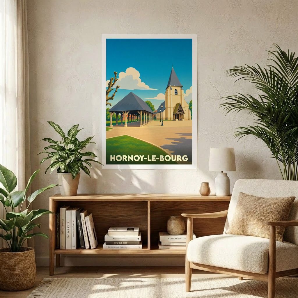 Affiche souvenir de la ville de Hornoy-le-Bourg présentant une illustration stylisée de son église et de sa halle couverte.