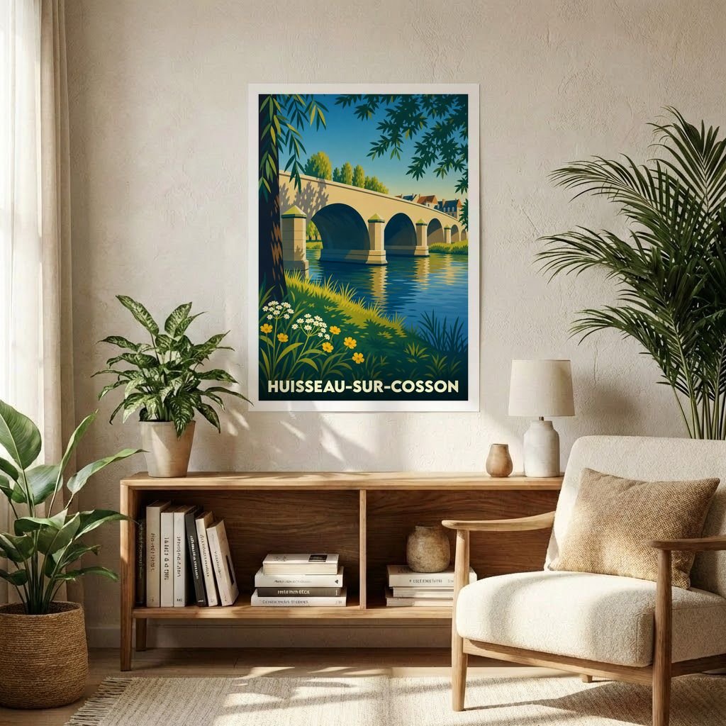Affiche souvenir de la ville de Huisseau-sur-Cosson illustrant un pont en pierre enjambant une rivière dans un style vintage.