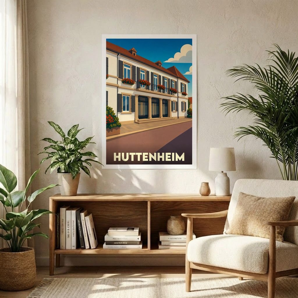 Affiche souvenir de la ville de Huttenheim avec une illustration stylisée d'un bâtiment alsacien fleuri.