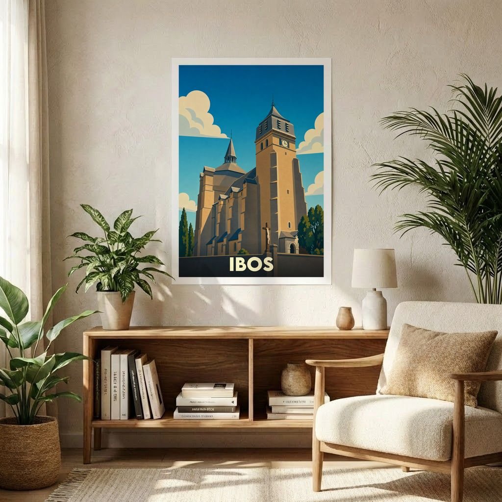 Affiche souvenir de la ville d'Ibos présentant une illustration stylisée de sa collégiale sous un ciel azur.