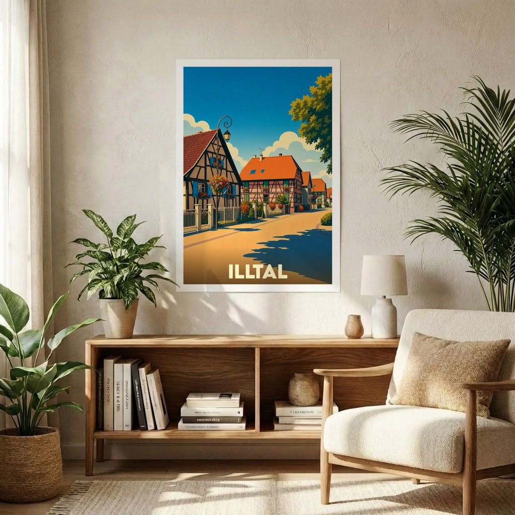 Affiche souvenir de la ville de Illtal avec une illustration stylisée de maisons à colombages.
