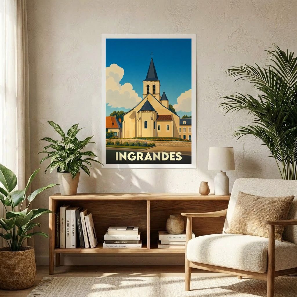 Affiche souvenir de la ville d'Ingrandes avec une illustration stylisée de son église sous un ciel bleu.