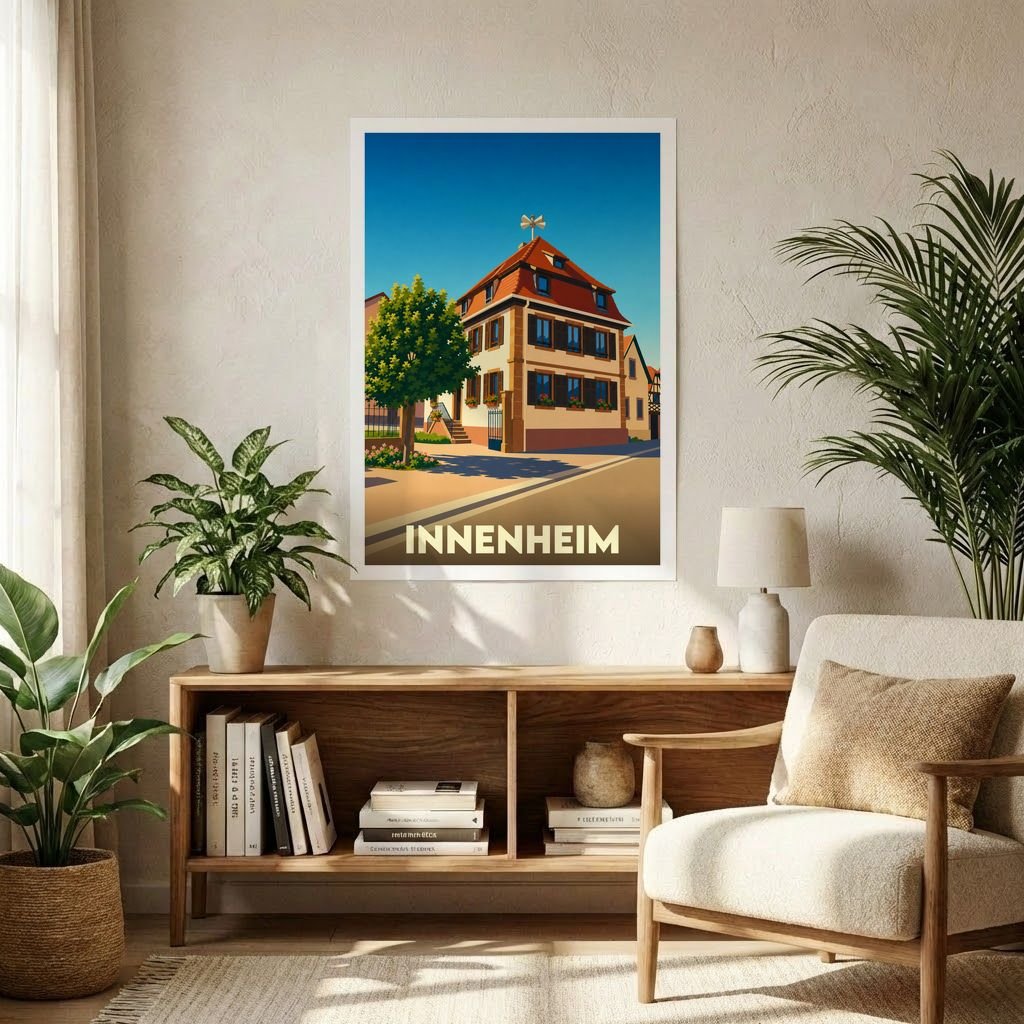 Affiche souvenir de la ville de Innenheim avec une illustration stylisée d'une maison alsacienne typique.