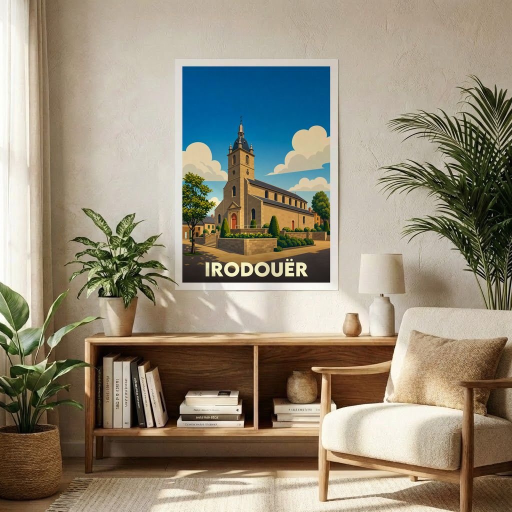 Affiche souvenir de la ville de Irodouër avec une illustration stylisée de son église sous un ciel azur.