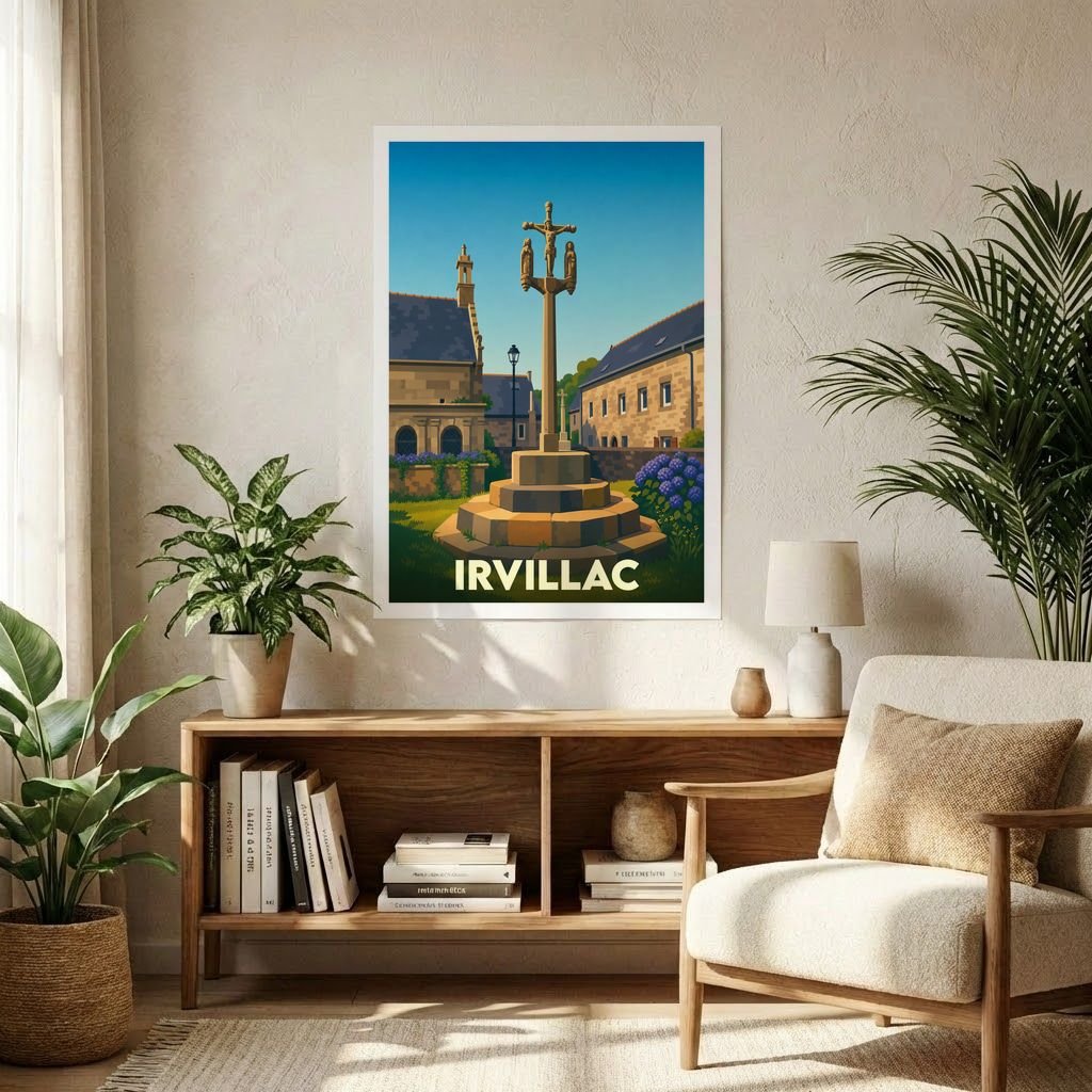 Affiche souvenir de la ville d'Irvillac avec une illustration stylisée de son calvaire et de son église.