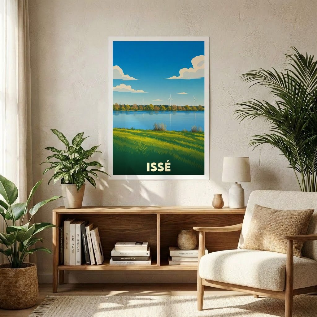 Affiche souvenir de la ville d'Issé avec une illustration stylisée de son paysage champêtre.