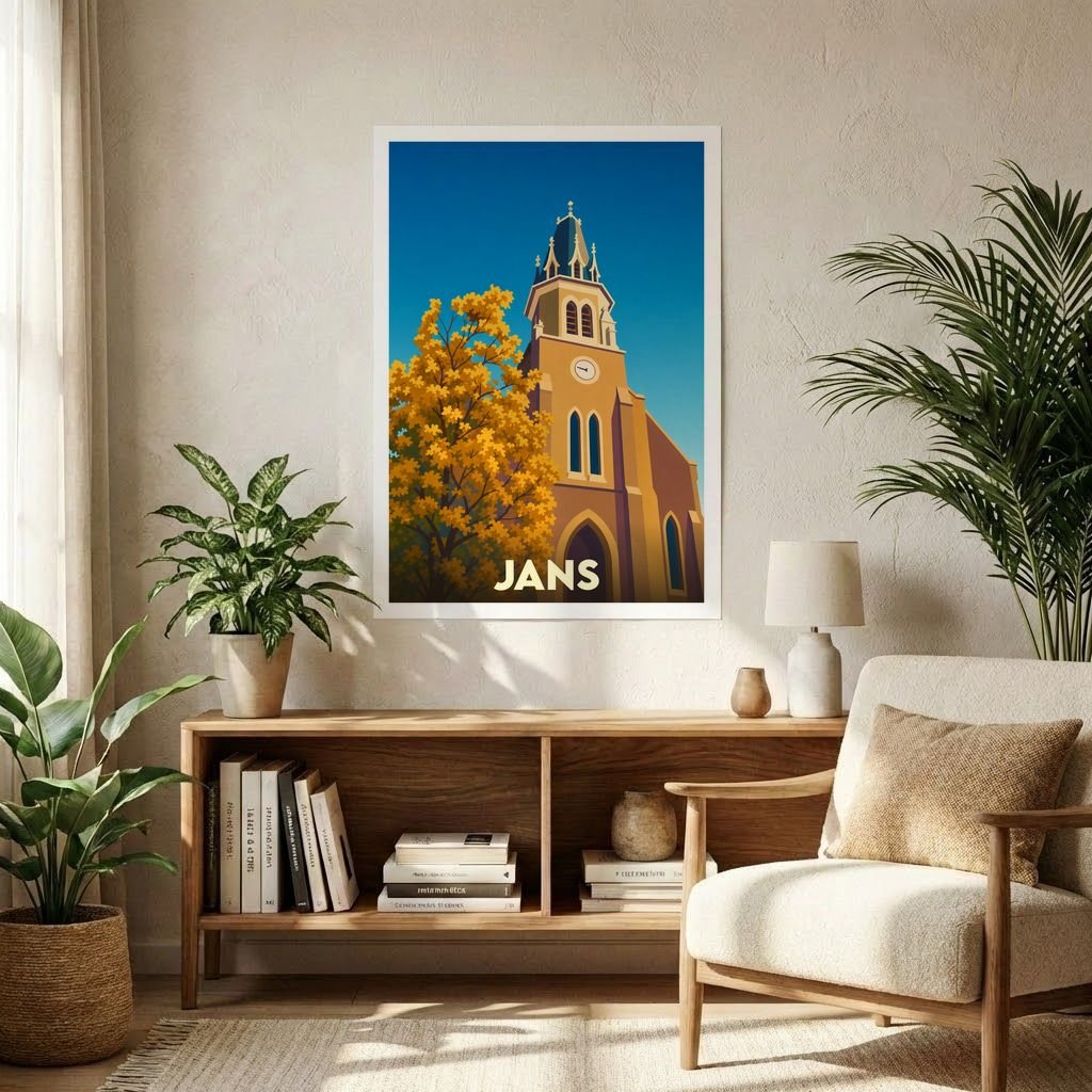 Affiche souvenir de la ville de Jans avec une illustration stylisée d'un clocher et de feuillages automnaux.