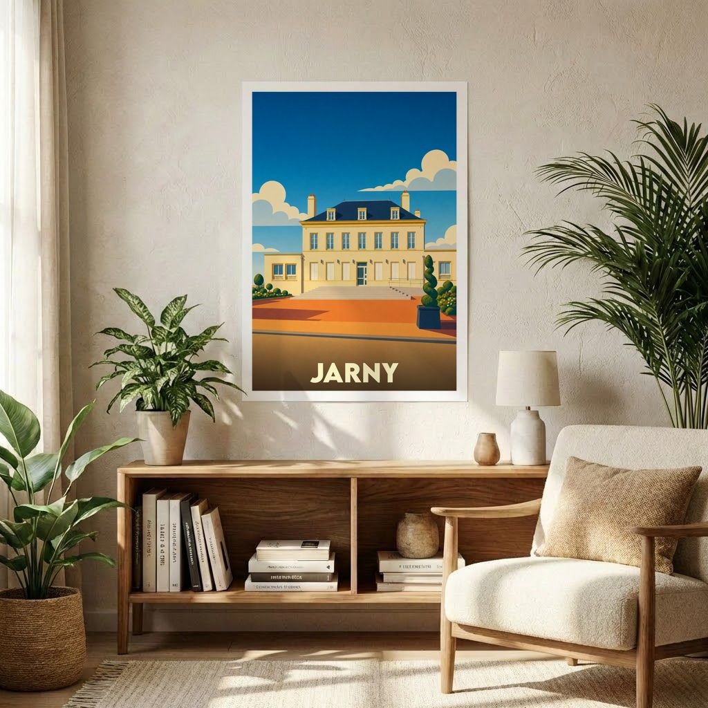 Affiche souvenir de la ville de Jarny avec une illustration stylisée de l'hôtel de ville.