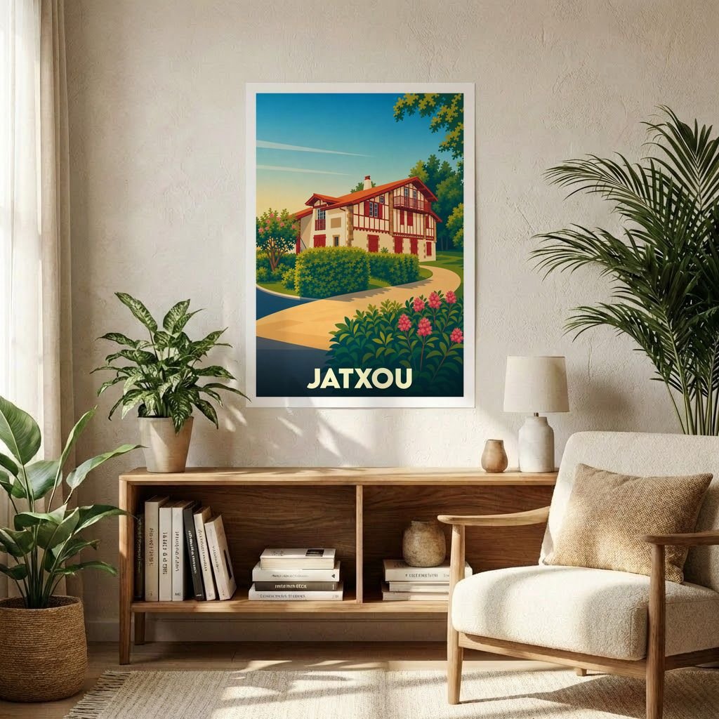 Affiche souvenir de la ville de Jatxou illustrant une maison basque traditionnelle dans un style vintage coloré.