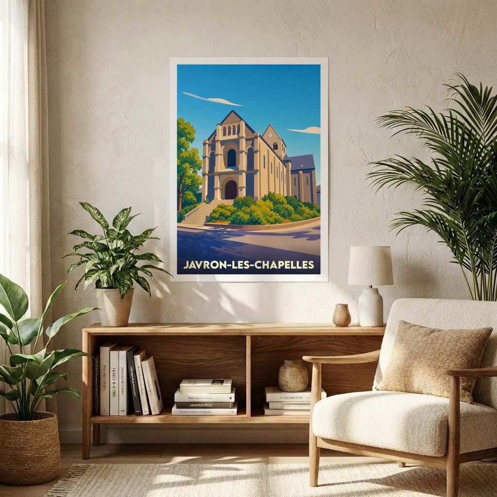 Affiche souvenir de la ville de Javron-les-Chapelles avec une illustration stylisée de son église.